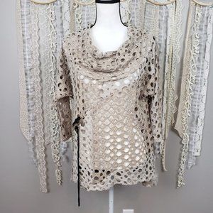 Novena Womens Boho Open Mesh Tan Cowl Pullover
